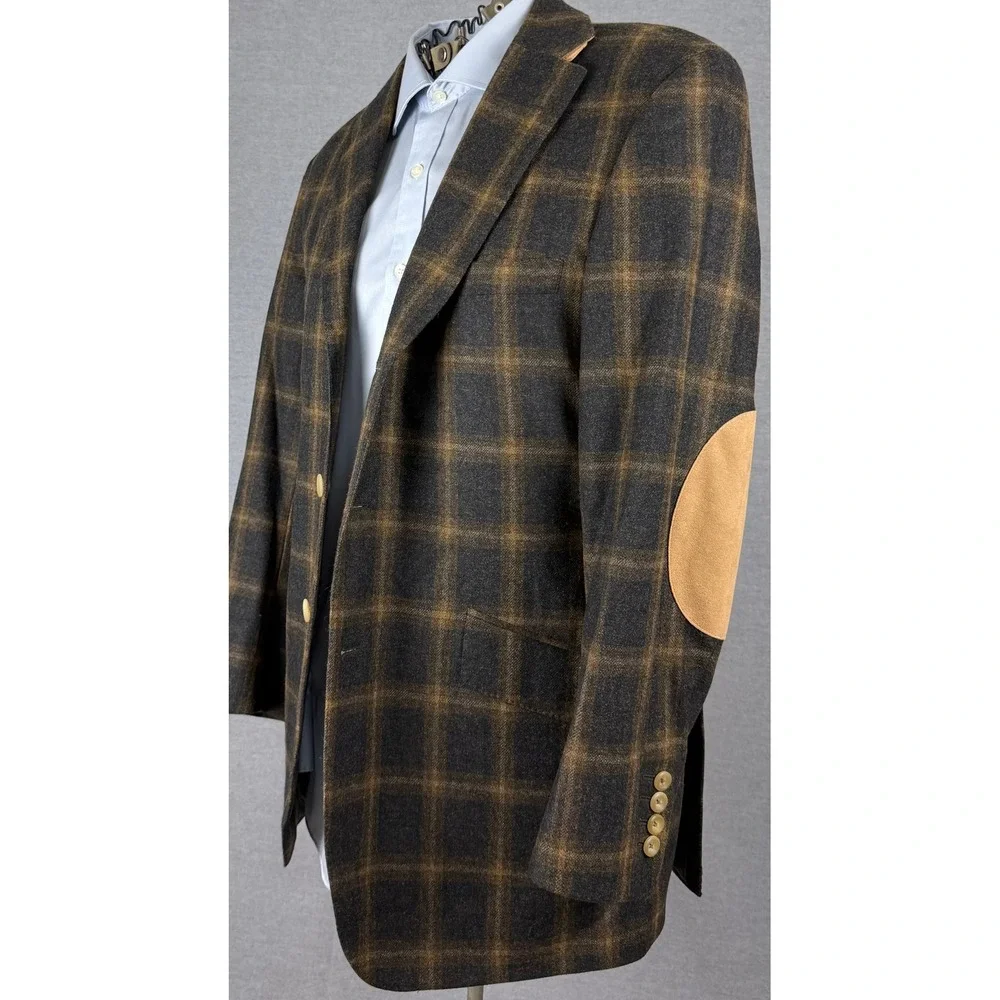 Royal Classic Holland & Sherry Wool Plaid Blazer 42R Brown Suede Elbow Patch